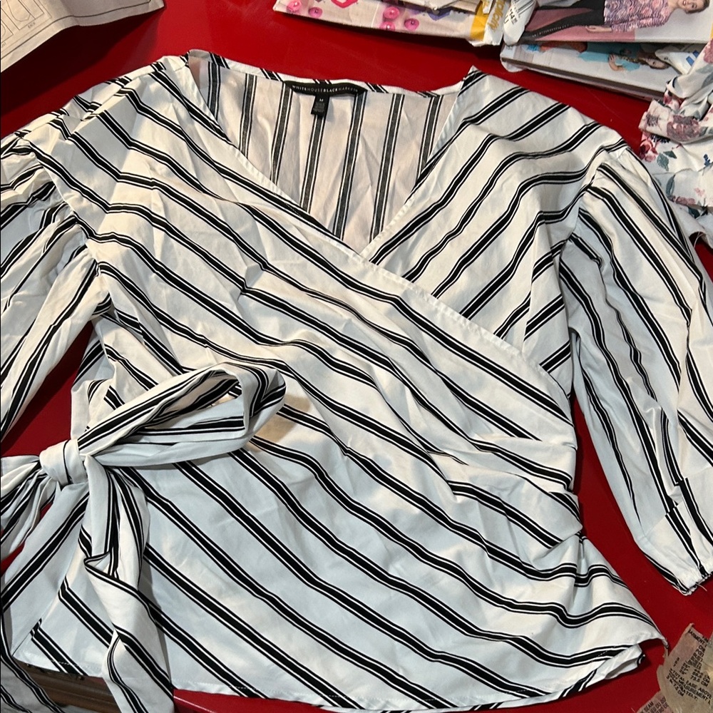 White House Black Market Black and White Striped Blouse - Picture 2 of 6